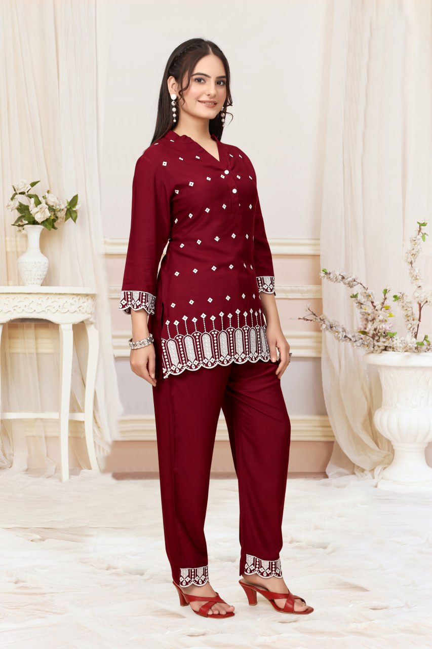 Red Schiffli Viscose Rayon Co-Ord Set with V Neck