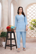 Blue Schiffli Viscose Rayon Co-Ord Set with V Neck