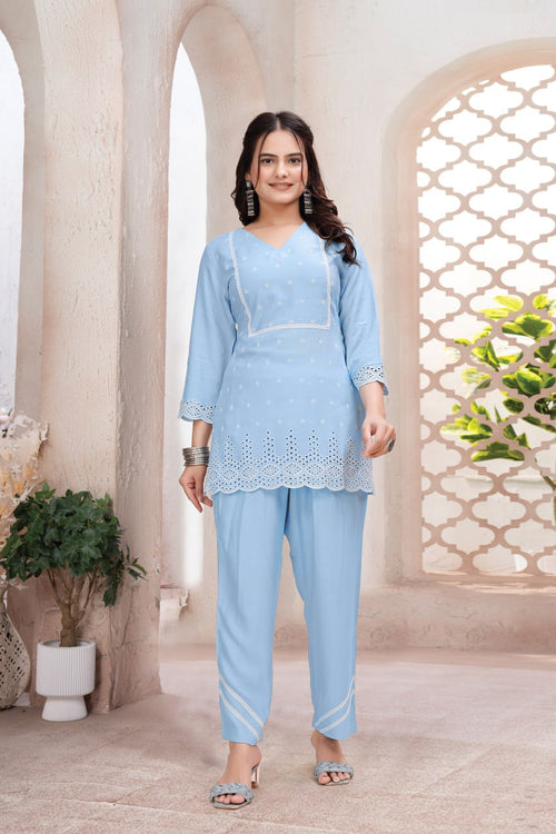 Blue Schiffli Viscose Rayon Co-Ord Set with V Neck