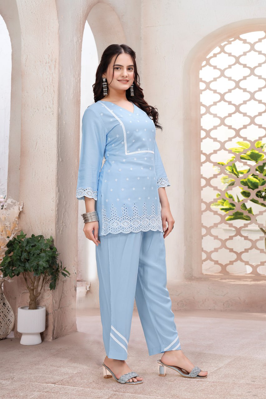 Blue Schiffli Viscose Rayon Co-Ord Set with V Neck