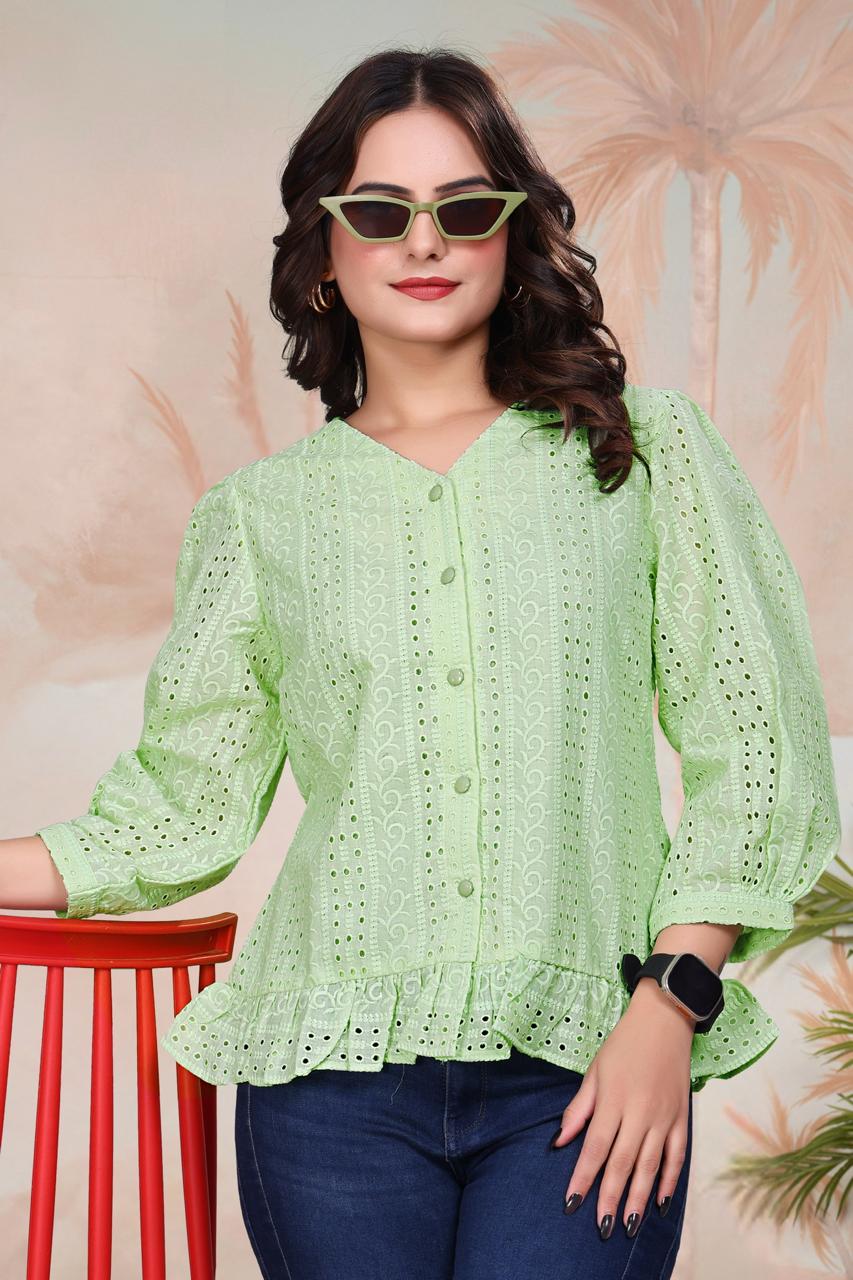 Schiffli Boring Work Cotton Cambric Designer Shirt with V Neck