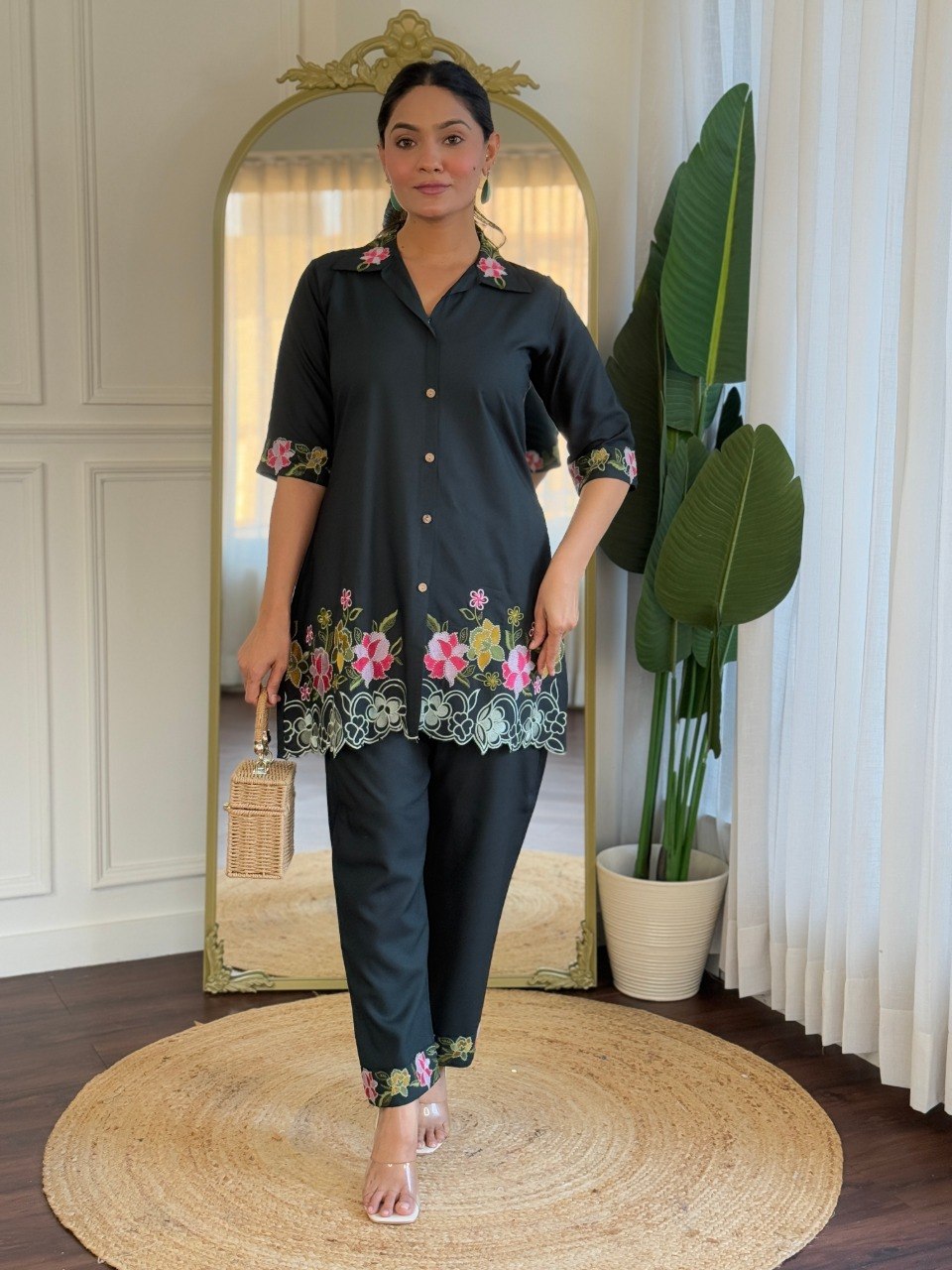 Women's Dark Green Embroidered Viscose Rayon Co-Ord Set with Kurta and Bottom