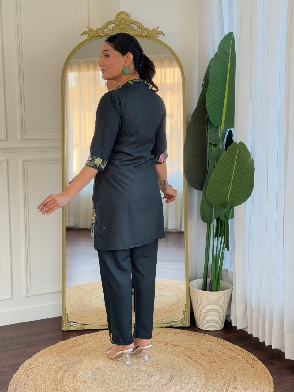 Women's Dark Green Embroidered Viscose Rayon Co-Ord Set with Kurta and Bottom