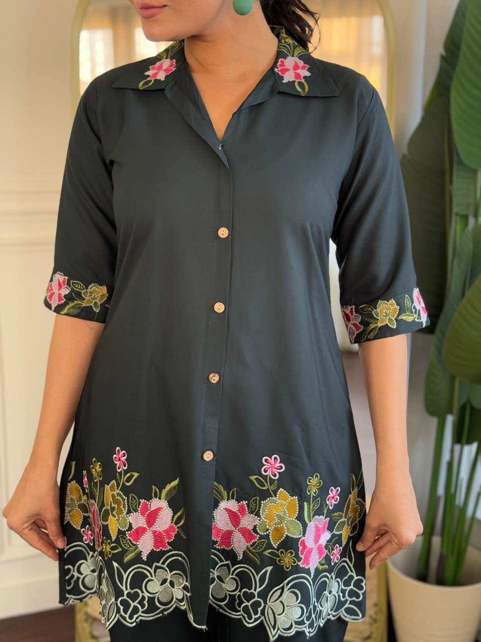 Women's Dark Green Embroidered Viscose Rayon Co-Ord Set with Kurta and Bottom