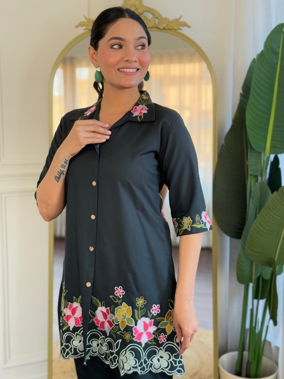 Women's Dark Green Embroidered Viscose Rayon Co-Ord Set with Kurta and Bottom
