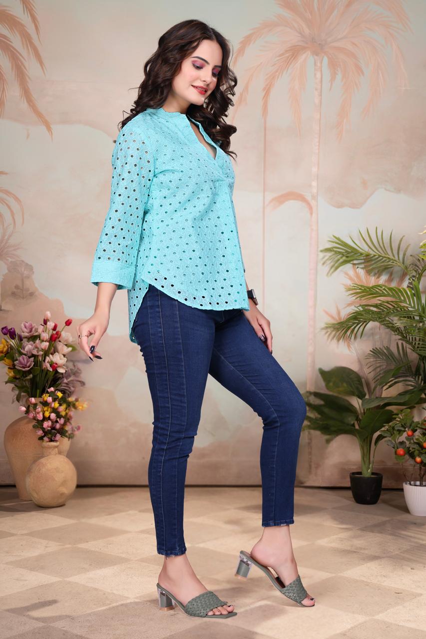 Schiffli Boring Work Cotton Cambric Designer Shirt