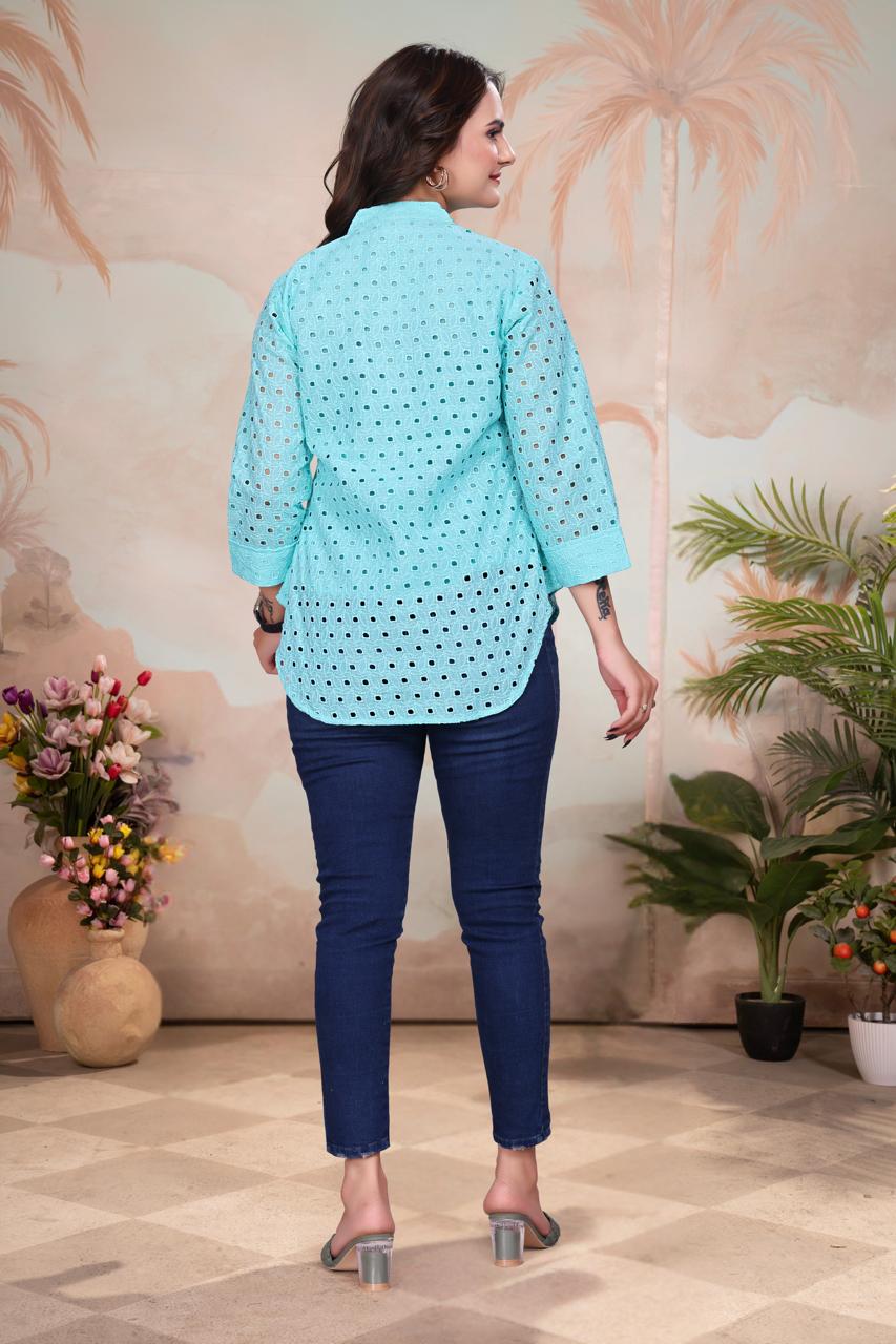 Schiffli Boring Work Cotton Cambric Designer Shirt