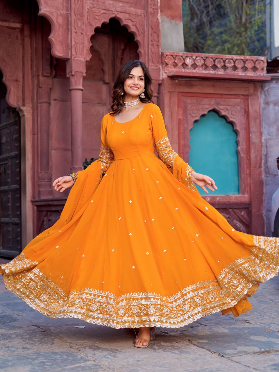 Premium Faux Georgette Embroidered Sequence Anarkali Gown Pant Dupatta Set for Women