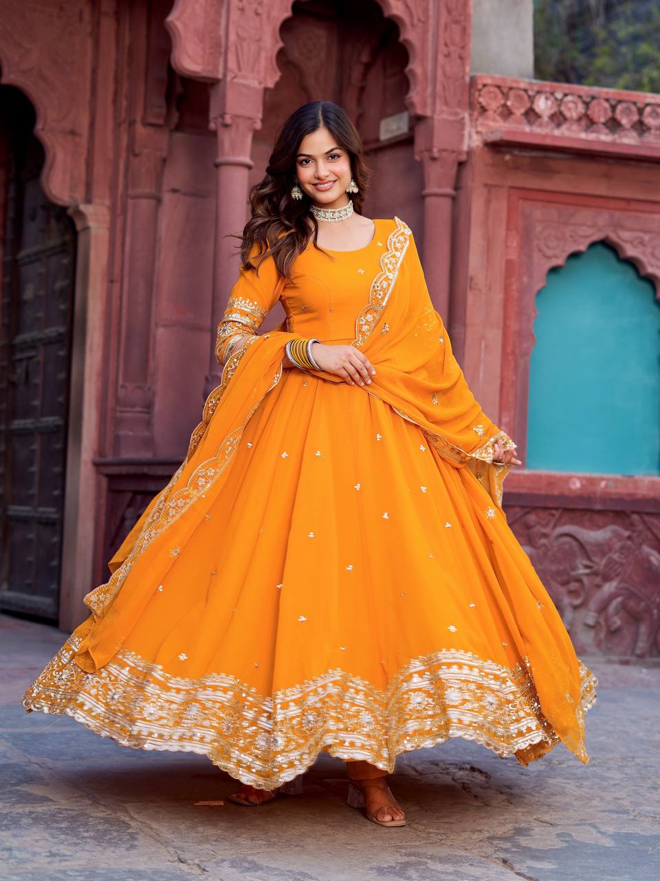 Premium Faux Georgette Embroidered Sequence Anarkali Gown Pant Dupatta Set for Women