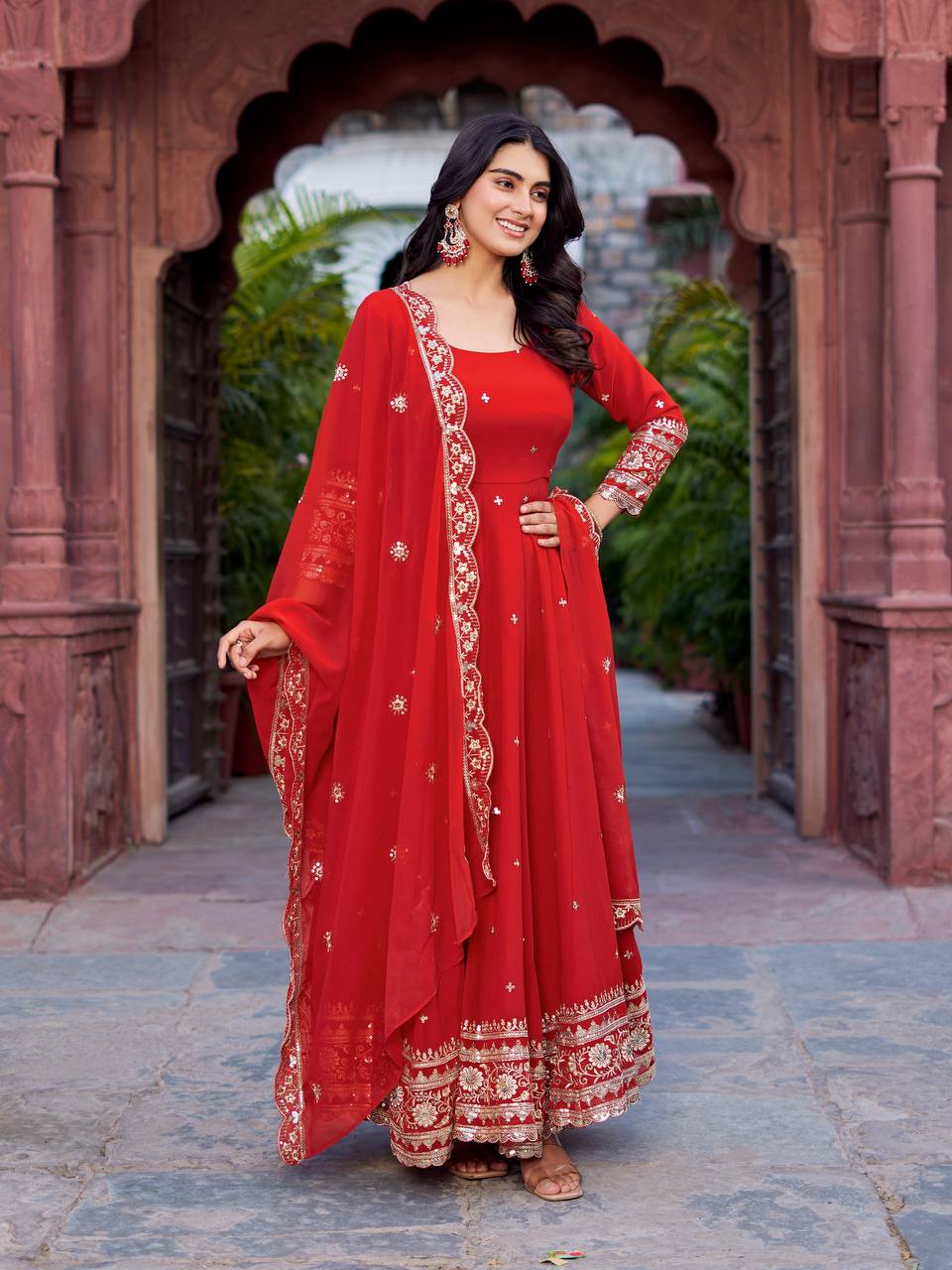 Premium Faux Georgette Embroidered Sequence Anarkali Gown Pant Dupatta Set for Women