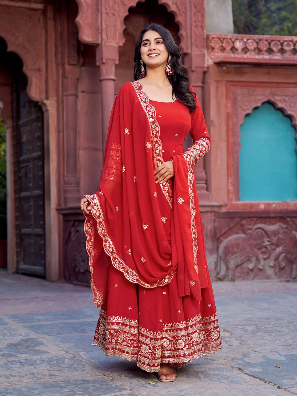 Premium Faux Georgette Embroidered Sequence Anarkali Gown Pant Dupatta Set for Women