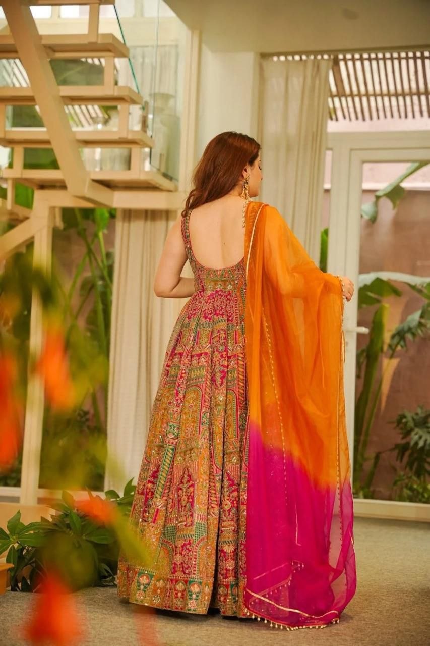 Digital Printed Jimmy Organza Silk Anarkali Gown with Designer Dupatta
