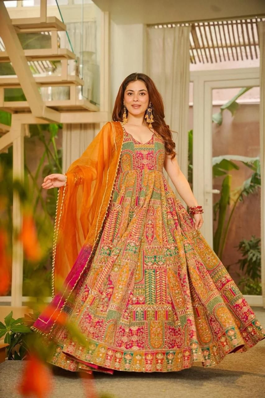 Digital Printed Jimmy Organza Silk Anarkali Gown with Designer Dupatta