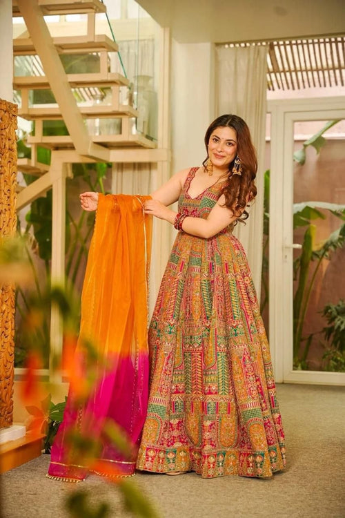 Digital Printed Jimmy Organza Silk Anarkali Gown with Designer Dupatta