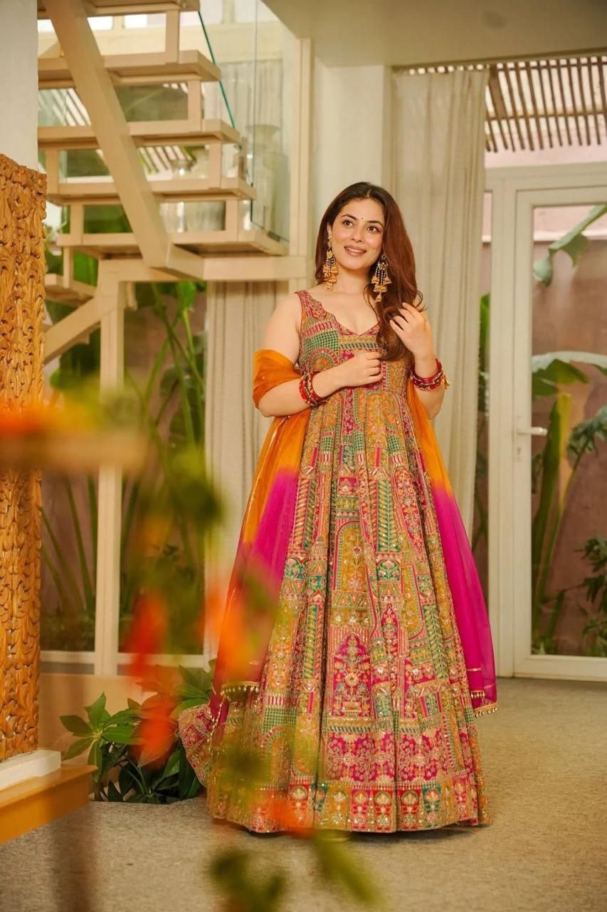 Digital Printed Jimmy Organza Silk Anarkali Gown with Designer Dupatta