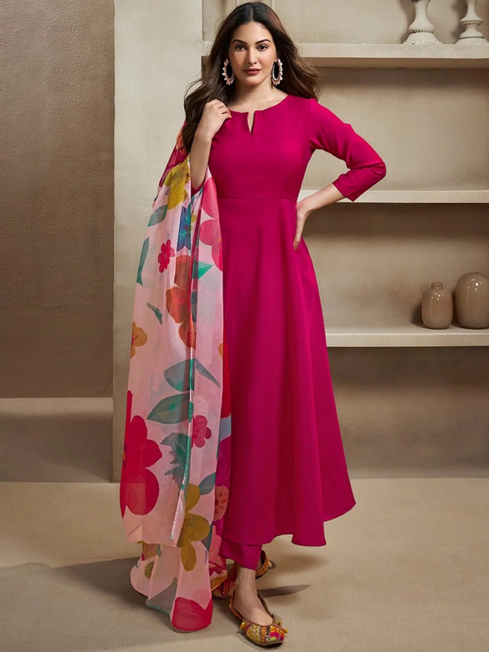 Women's Chanderi Cotton Straight Kurta Set with Pant and Organza Dupatta