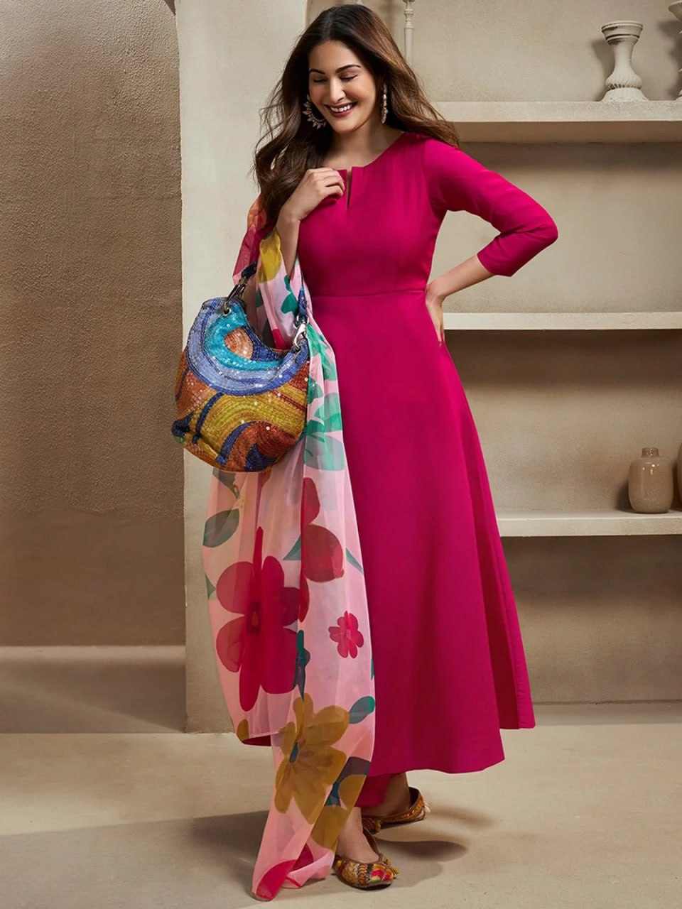 Women's Chanderi Cotton Straight Kurta Set with Pant and Organza Dupatta