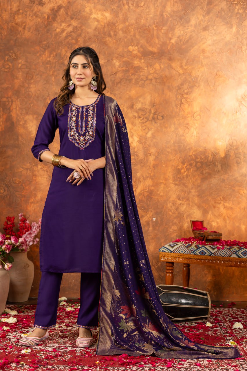 Marina Silk Straight Kurti Pant Dupatta Set with Multi Embroidery Hand Work