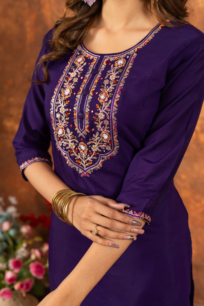 Marina Silk Straight Kurti Pant Dupatta Set with Multi Embroidery Hand Work