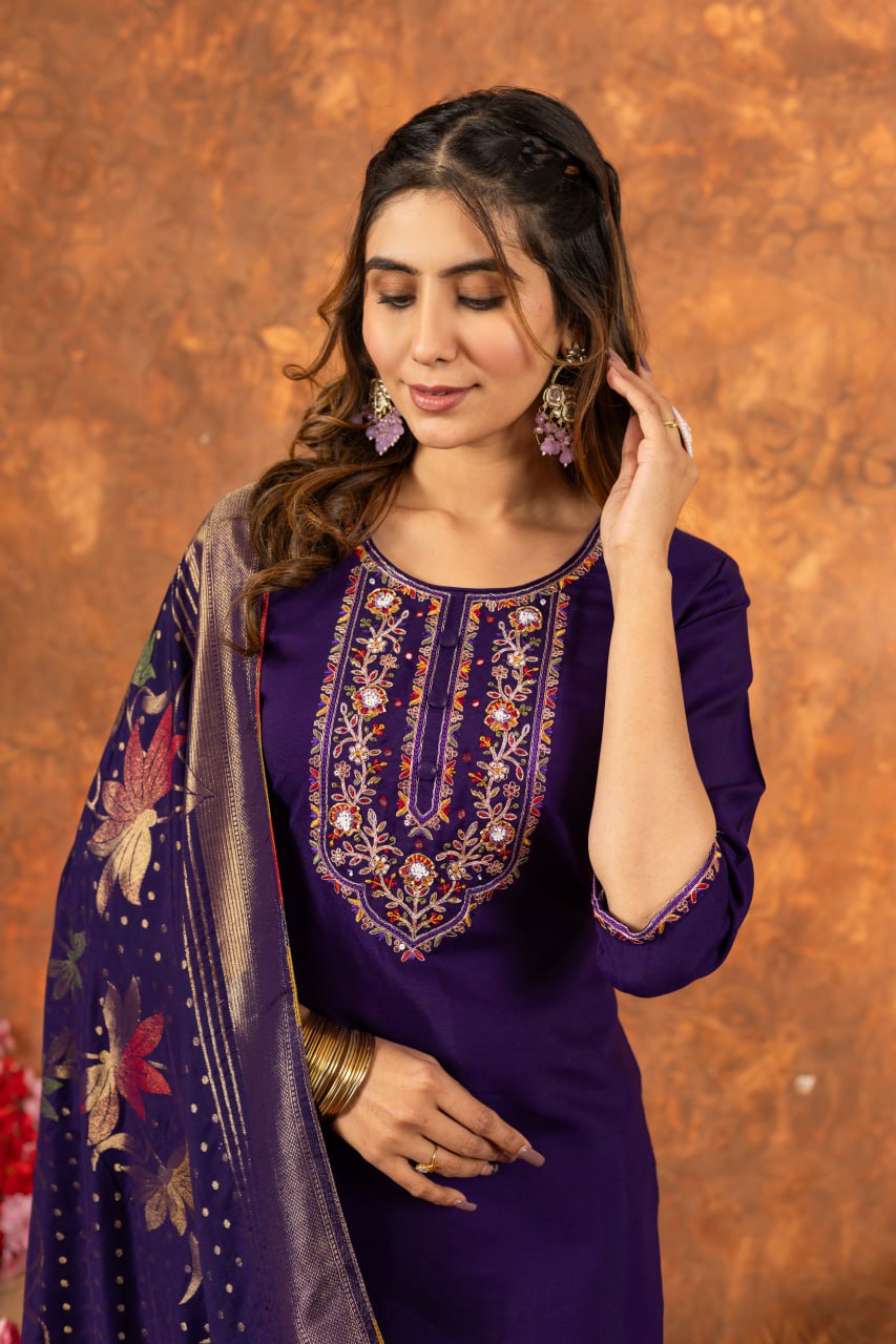 Marina Silk Straight Kurti Pant Dupatta Set with Multi Embroidery Hand Work