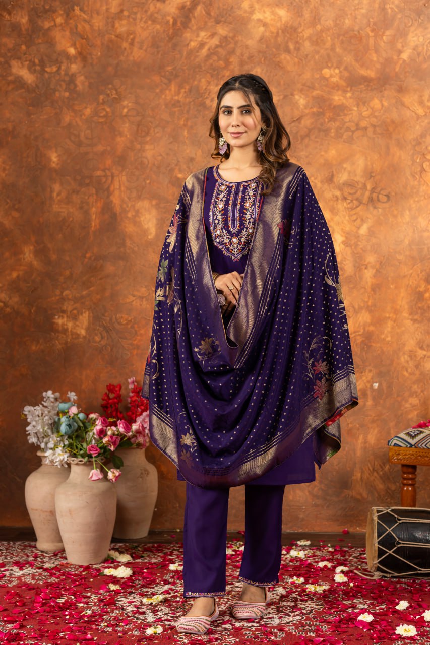 Marina Silk Straight Kurti Pant Dupatta Set with Multi Embroidery Hand Work
