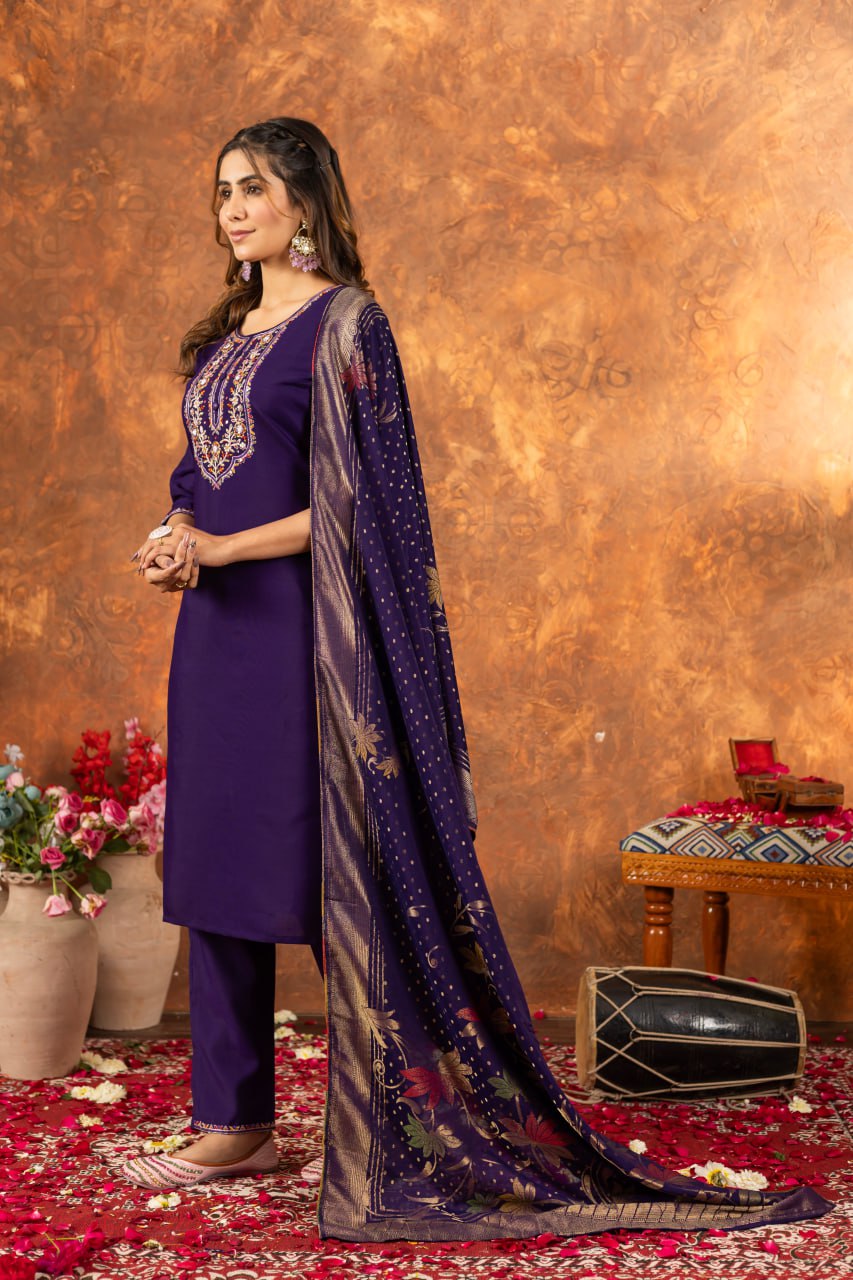 Marina Silk Straight Kurti Pant Dupatta Set with Multi Embroidery Hand Work