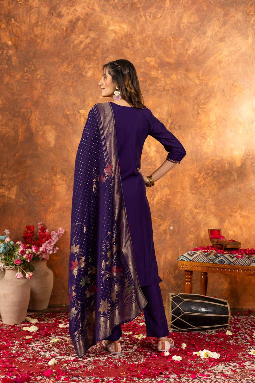 Marina Silk Straight Kurti Pant Dupatta Set with Multi Embroidery Hand Work