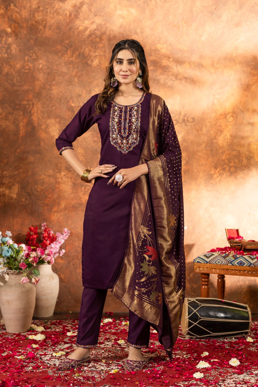 Marina Silk Straight Kurti Pant Dupatta Set with Multi Embroidery Hand Work