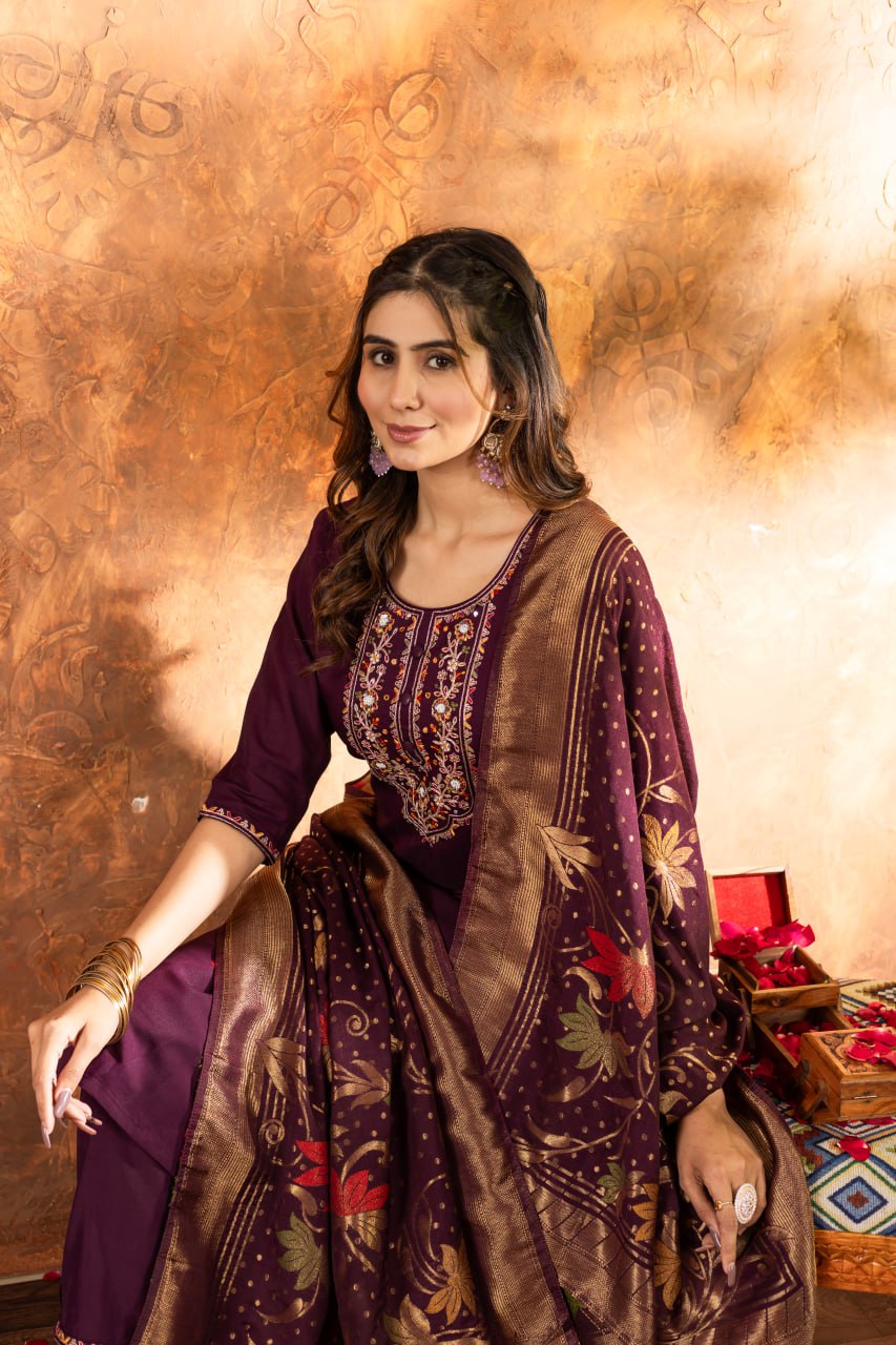 Marina Silk Straight Kurti Pant Dupatta Set with Multi Embroidery Hand Work