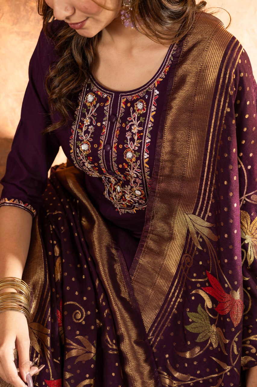 Marina Silk Straight Kurti Pant Dupatta Set with Multi Embroidery Hand Work