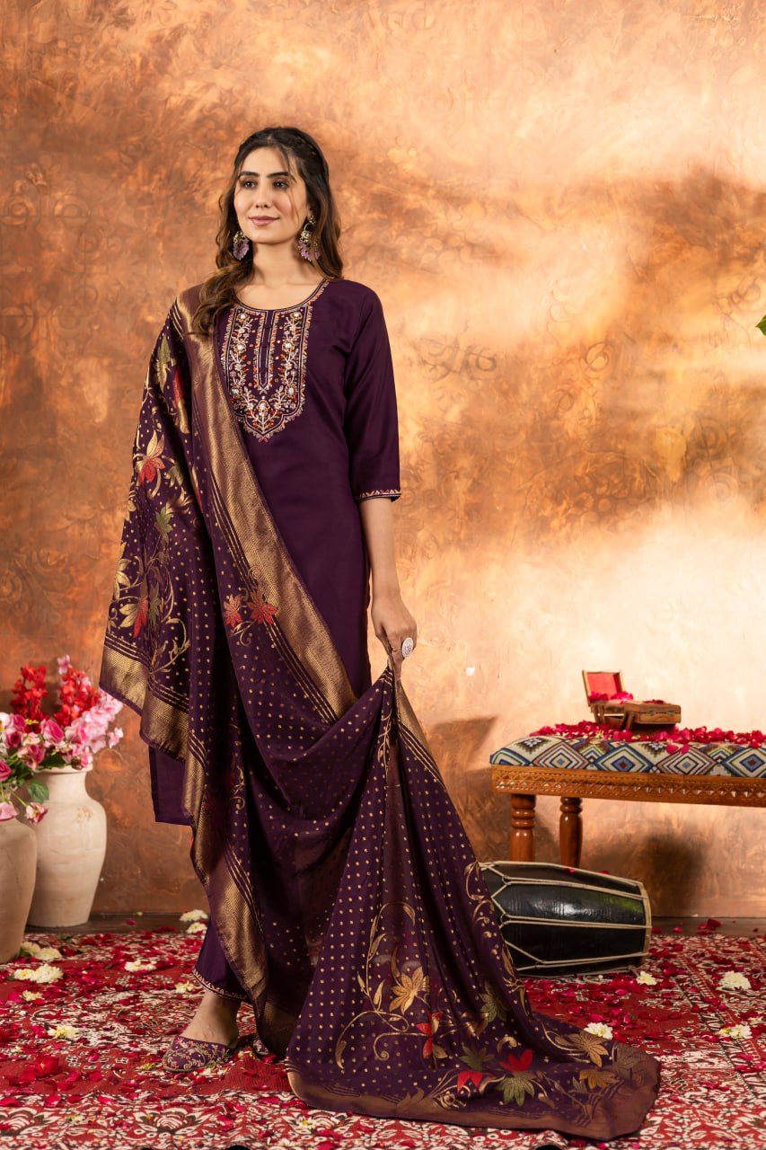 Marina Silk Straight Kurti Pant Dupatta Set with Multi Embroidery Hand Work