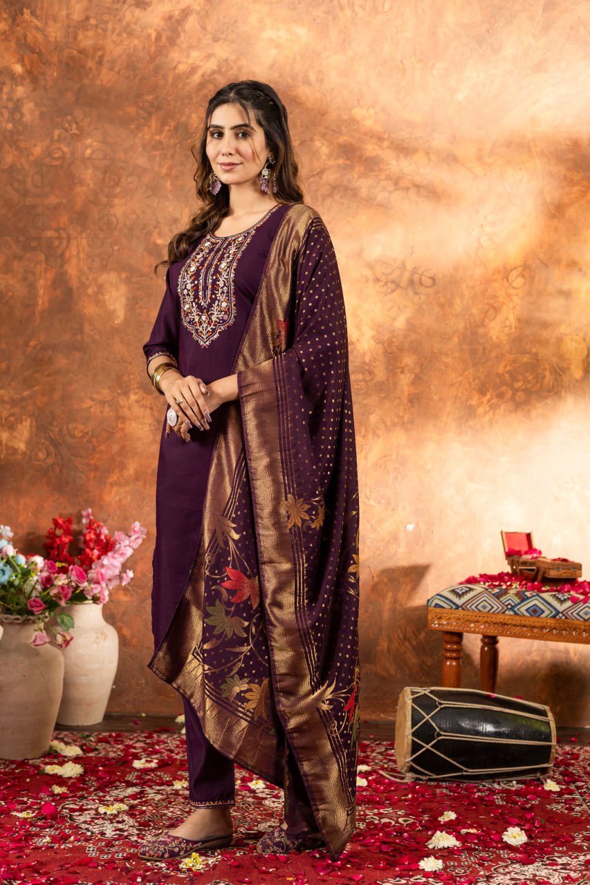 Marina Silk Straight Kurti Pant Dupatta Set with Multi Embroidery Hand Work