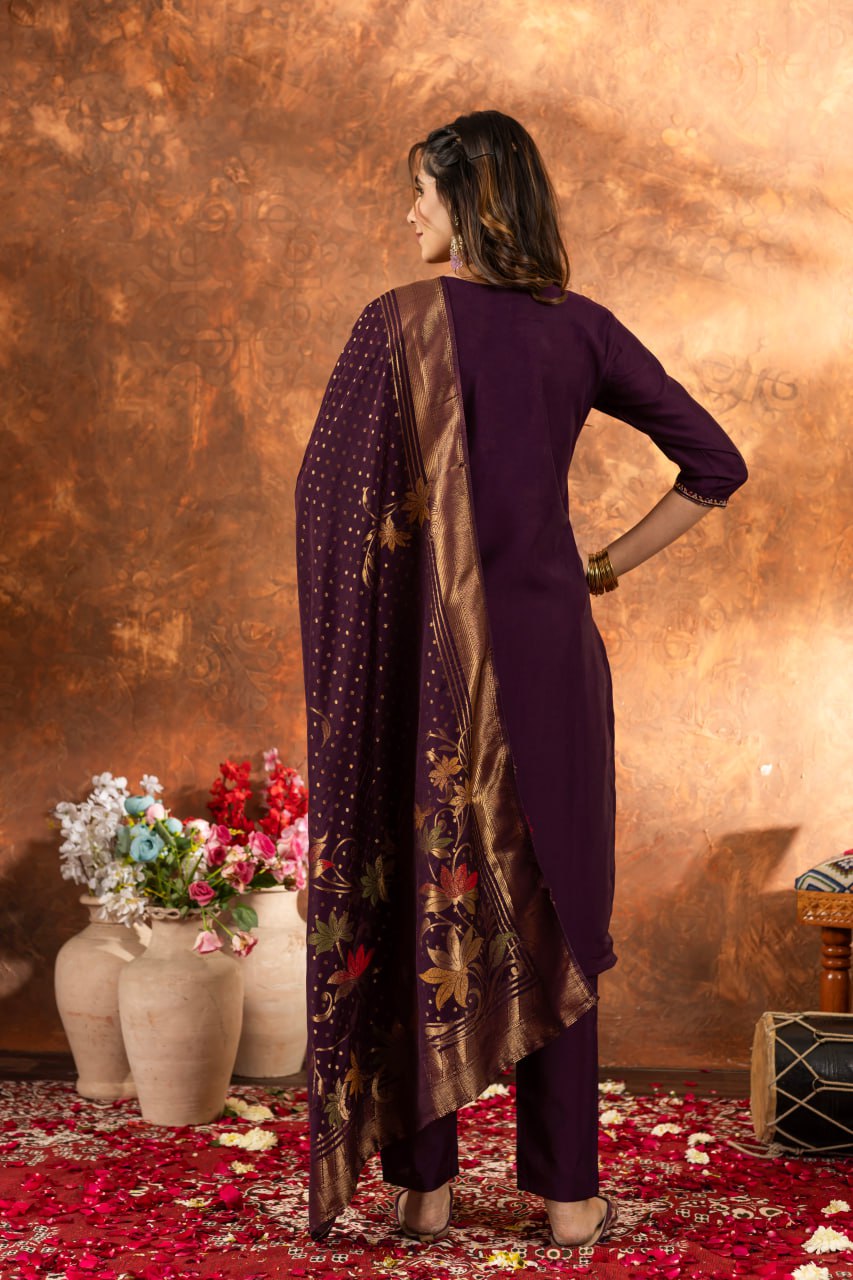 Marina Silk Straight Kurti Pant Dupatta Set with Multi Embroidery Hand Work