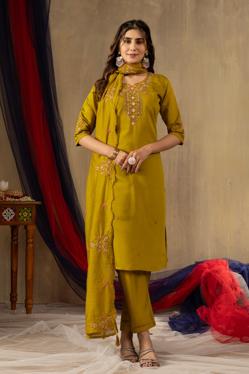 Roman Silk Straight Kurti Pant Dupatta Set with Multi Embroidery Hand Work