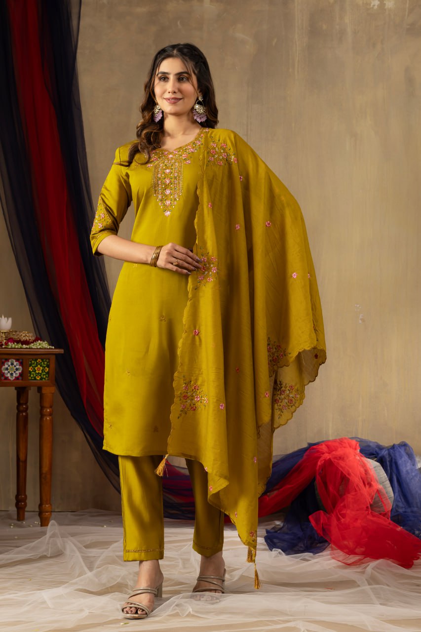 Roman Silk Straight Kurti Pant Dupatta Set with Multi Embroidery Hand Work
