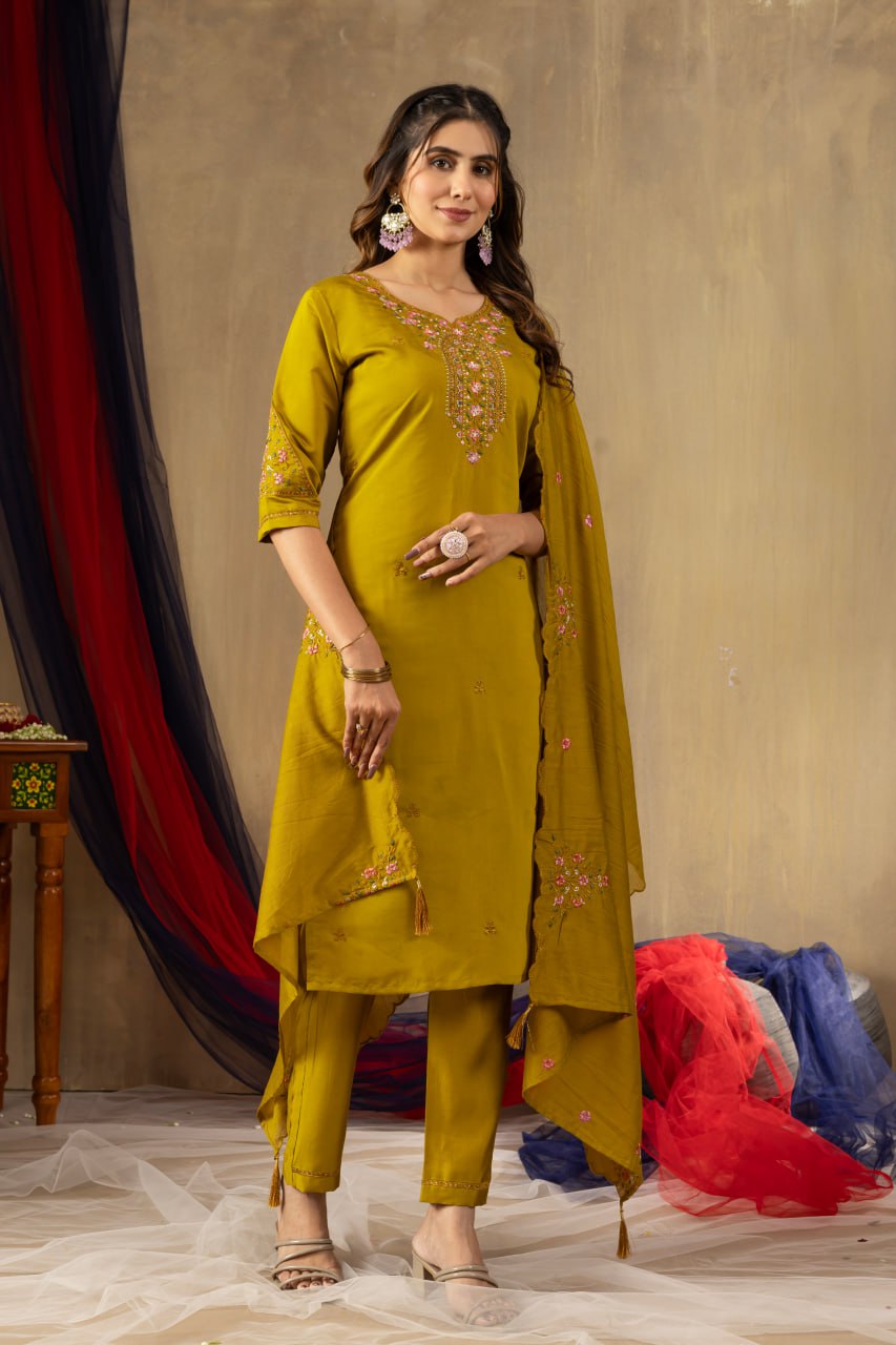 Roman Silk Straight Kurti Pant Dupatta Set with Multi Embroidery Hand Work