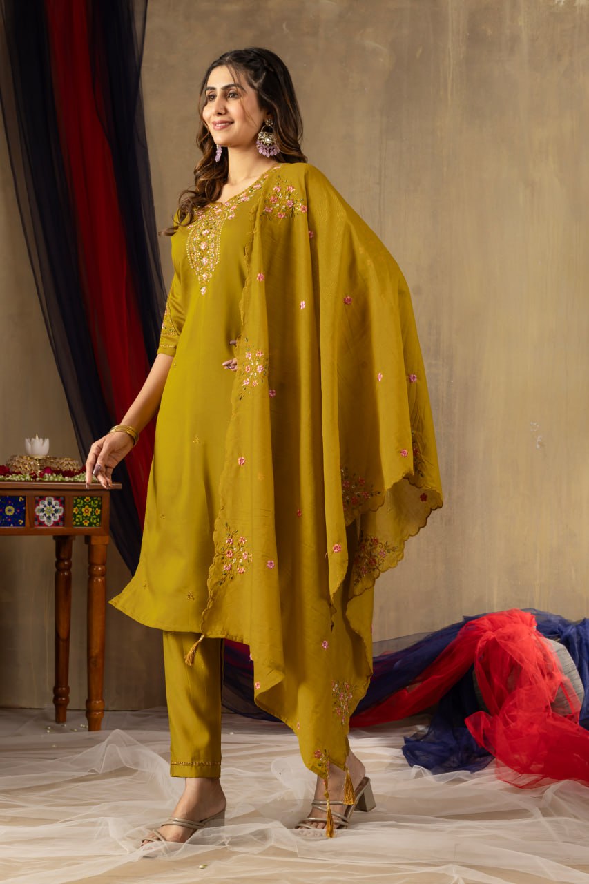 Roman Silk Straight Kurti Pant Dupatta Set with Multi Embroidery Hand Work