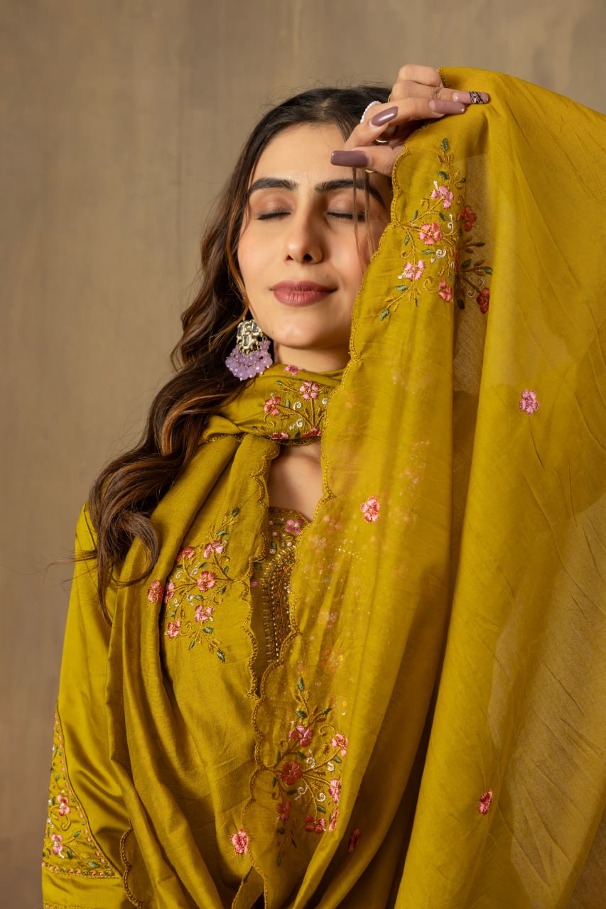 Roman Silk Straight Kurti Pant Dupatta Set with Multi Embroidery Hand Work