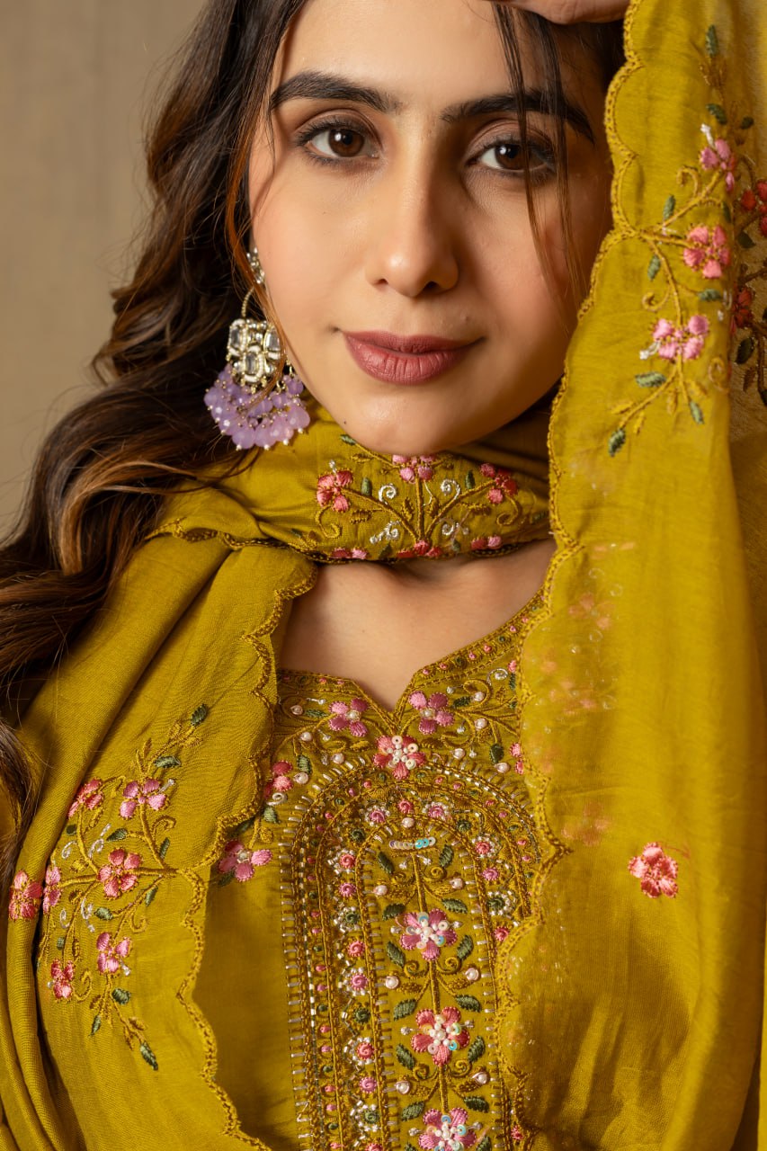 Roman Silk Straight Kurti Pant Dupatta Set with Multi Embroidery Hand Work