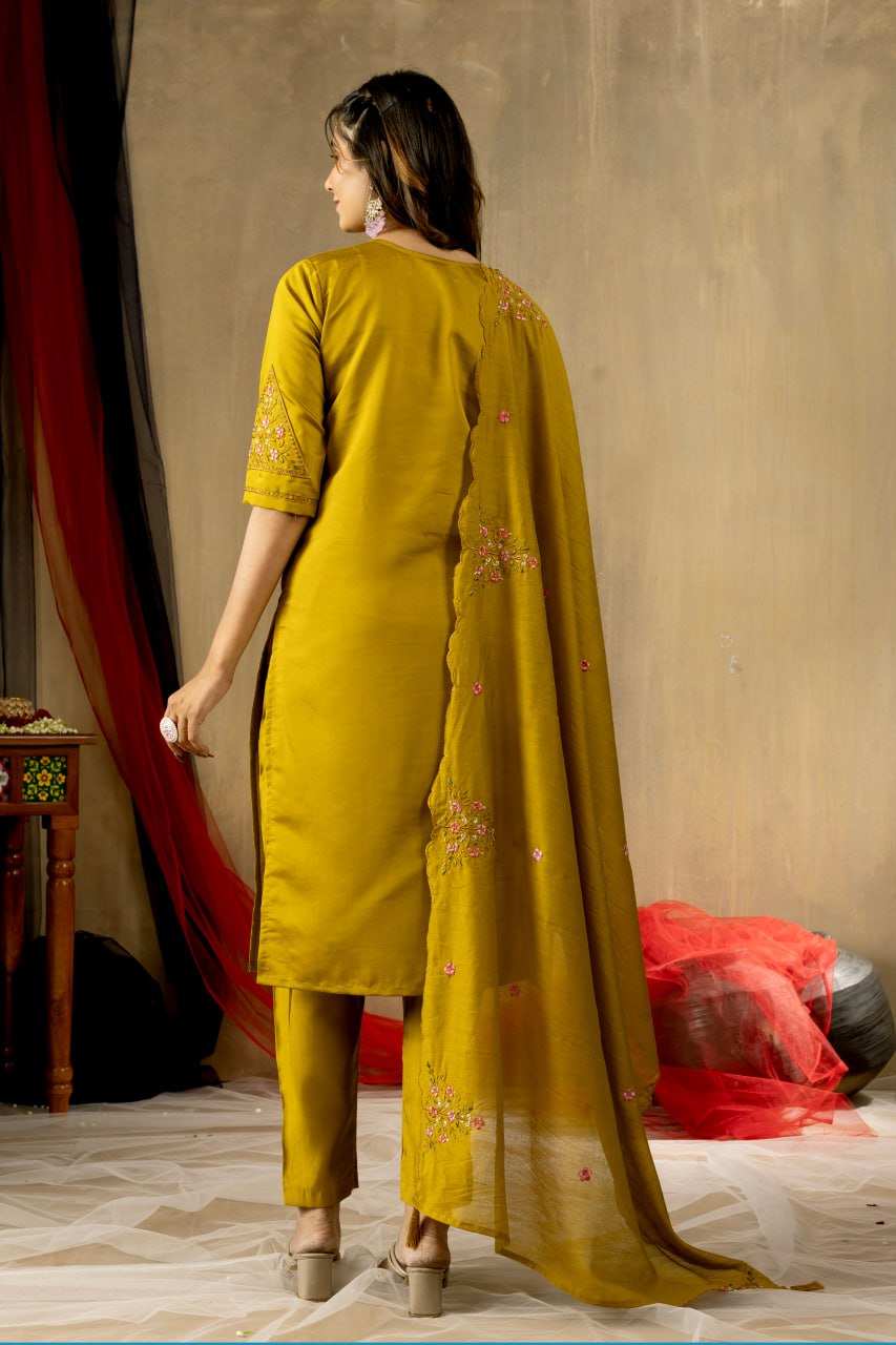 Roman Silk Straight Kurti Pant Dupatta Set with Multi Embroidery Hand Work