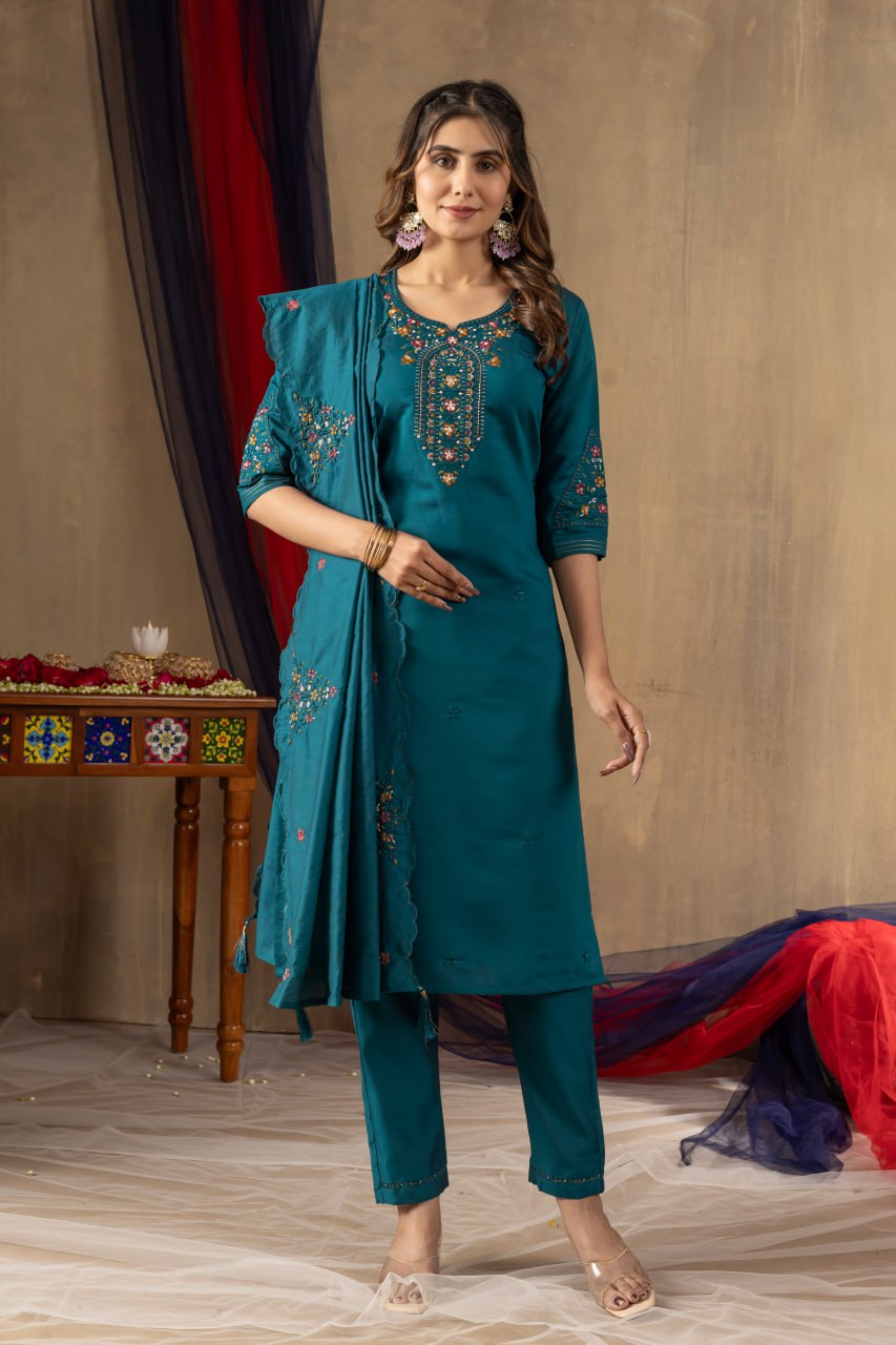 Roman Silk Straight Kurti Pant Dupatta Set with Multi Embroidery Hand Work
