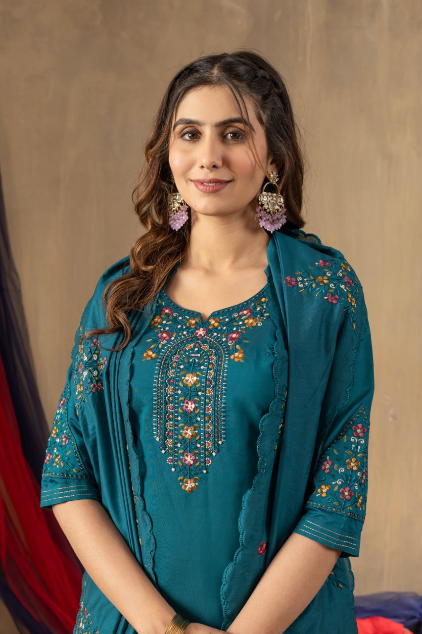 Roman Silk Straight Kurti Pant Dupatta Set with Multi Embroidery Hand Work