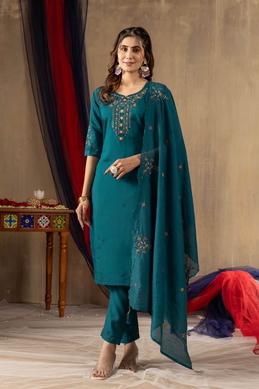 Roman Silk Straight Kurti Pant Dupatta Set with Multi Embroidery Hand Work