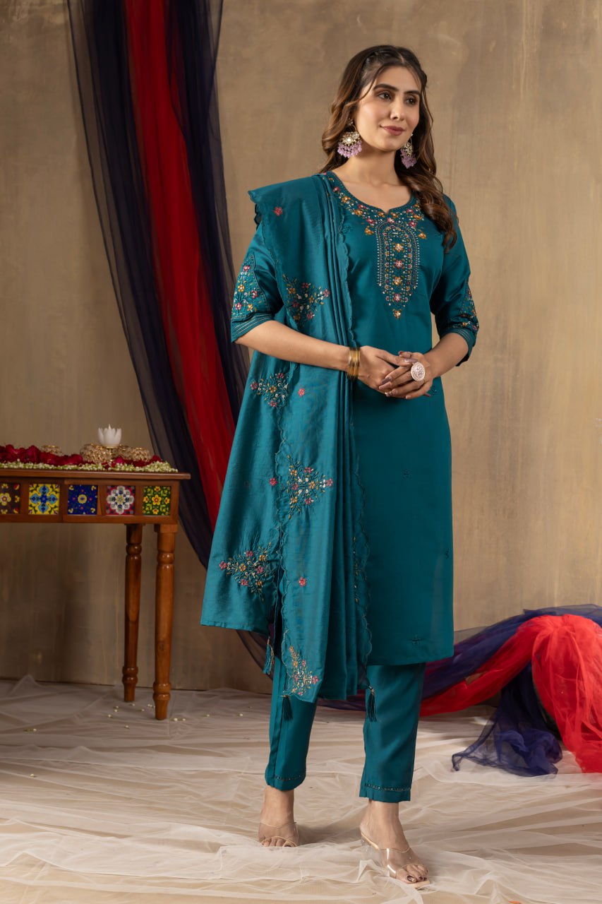Roman Silk Straight Kurti Pant Dupatta Set with Multi Embroidery Hand Work