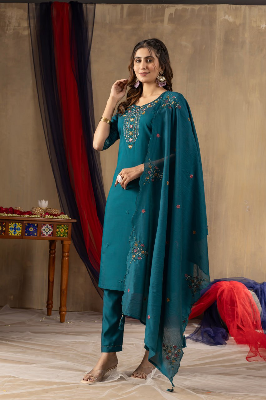 Roman Silk Straight Kurti Pant Dupatta Set with Multi Embroidery Hand Work