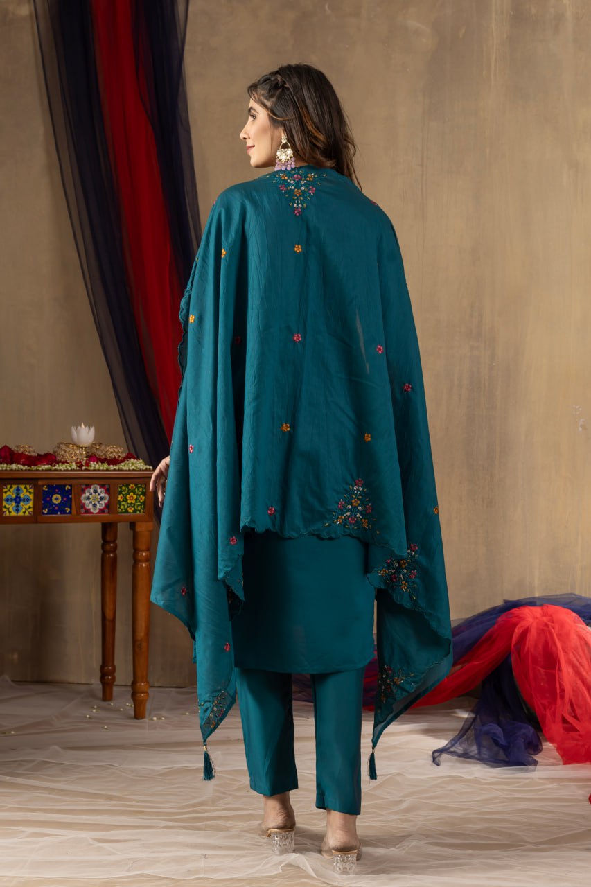 Roman Silk Straight Kurti Pant Dupatta Set with Multi Embroidery Hand Work