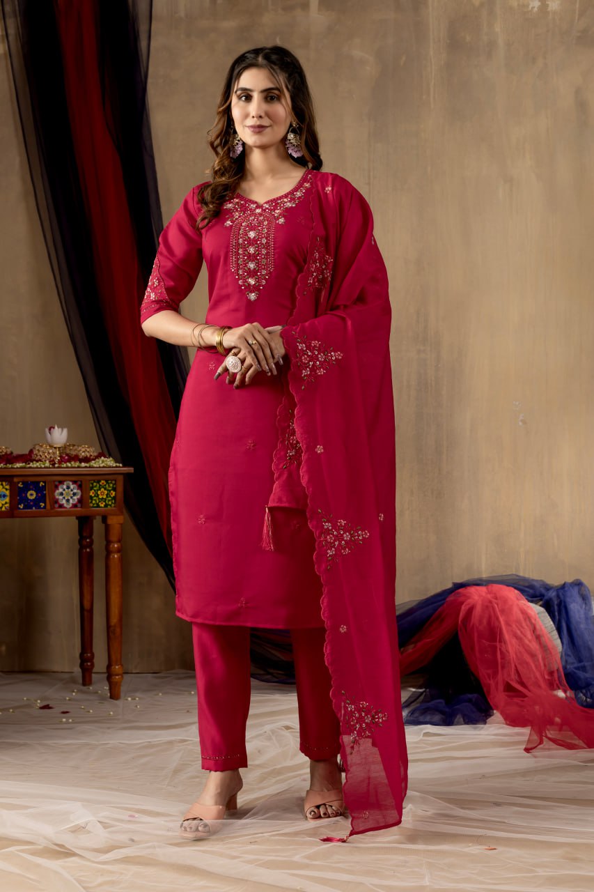 Roman Silk Straight Kurti Pant Dupatta Set with Multi Embroidery Hand Work
