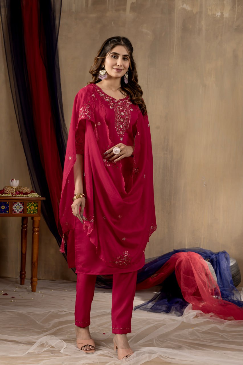 Roman Silk Straight Kurti Pant Dupatta Set with Multi Embroidery Hand Work
