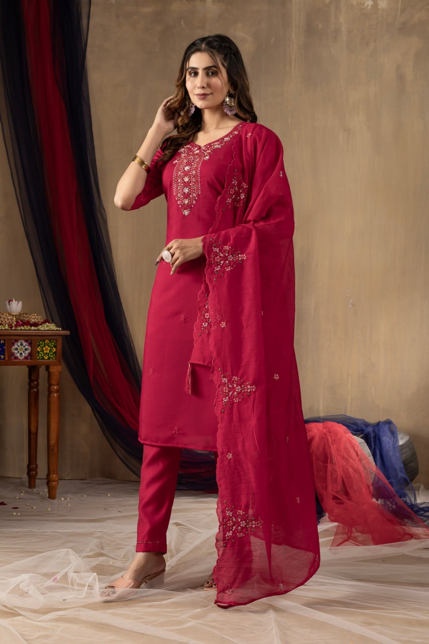 Roman Silk Straight Kurti Pant Dupatta Set with Multi Embroidery Hand Work