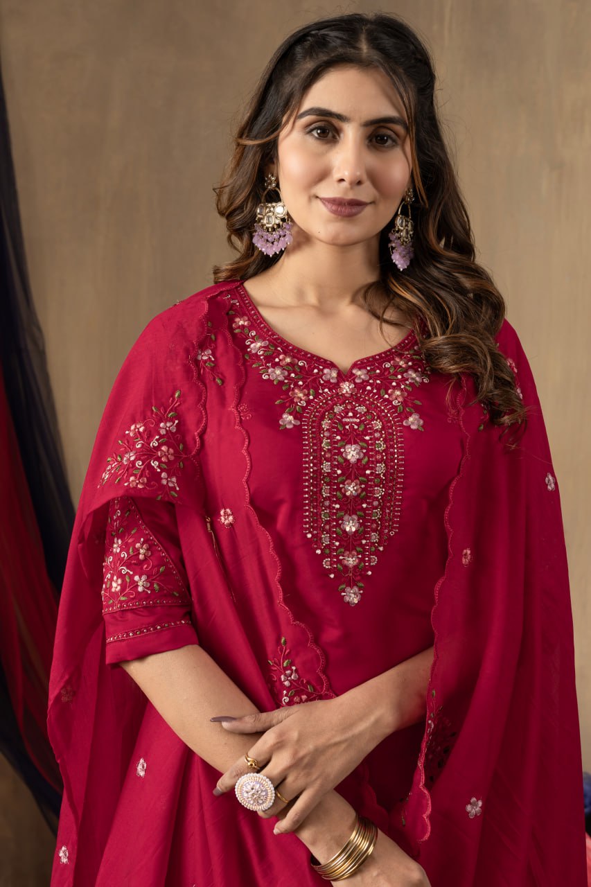 Roman Silk Straight Kurti Pant Dupatta Set with Multi Embroidery Hand Work